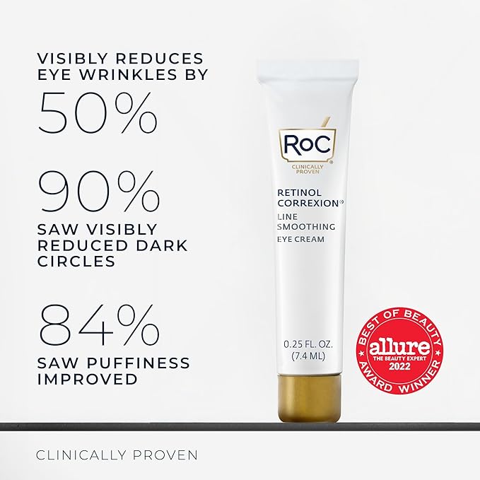 RoC Retinol Correxion Eye Cream Mini for Dark Circles & Puffiness, Daily Wrinkle Cream, Anti Aging Line Smoothing Skin Care Treatment, .25 Ounces