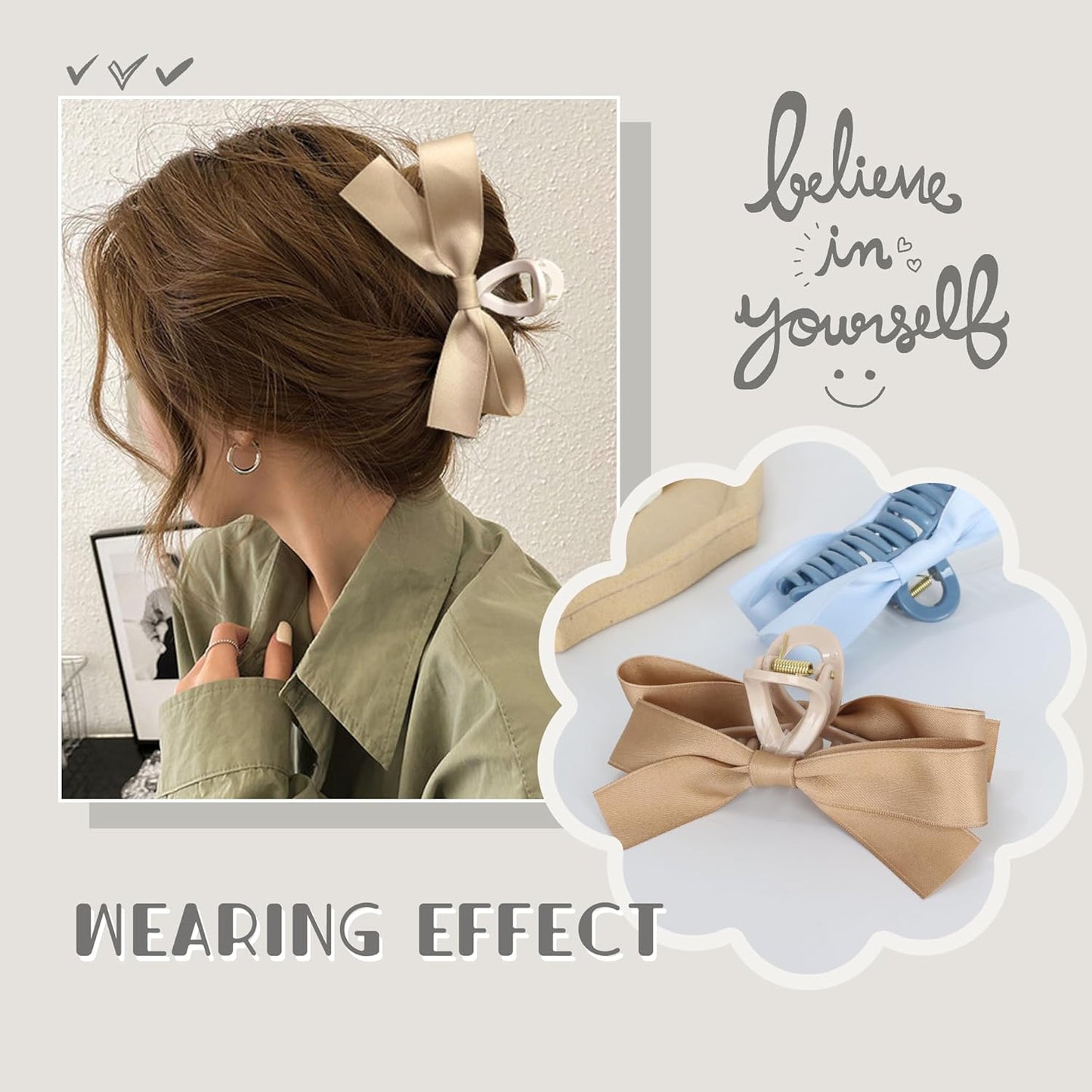 FAELBATY Women's Bow Hair Accessories - Silky Satin Clips with Knots for Thin to Thick Curly Hair, 4 Pcs