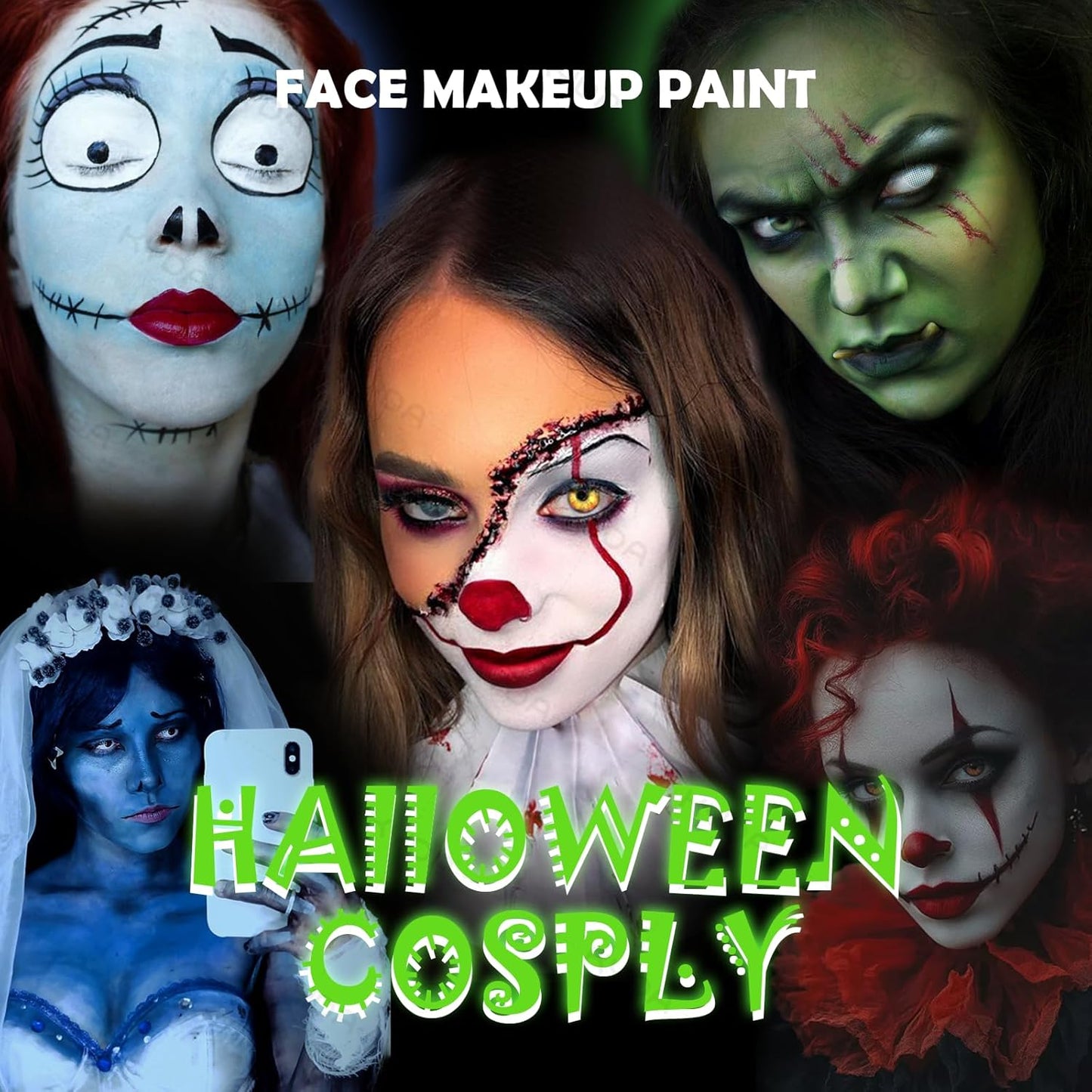 KYDA Black White Green Face Paint for Halloween Makeup, Face Body Painting Kit with Brushes for Witch Monster Grinch Shrek Hulk Alien SFX Makeup and Costume Cosplay Party, Colored Eyes for Spot Games