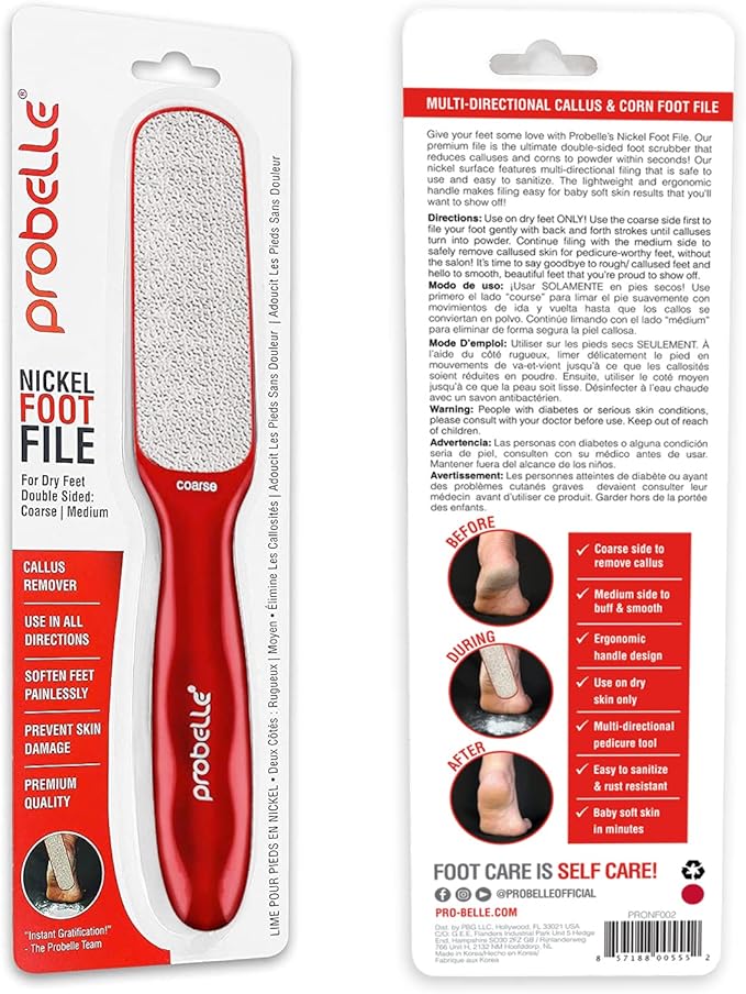 Probelle Double Sided Multidirectional Nickel Foot File Callus Remover - Immediately Reduces calluses and Corns to Powder for Instant Results, Safe Tool (Red)
