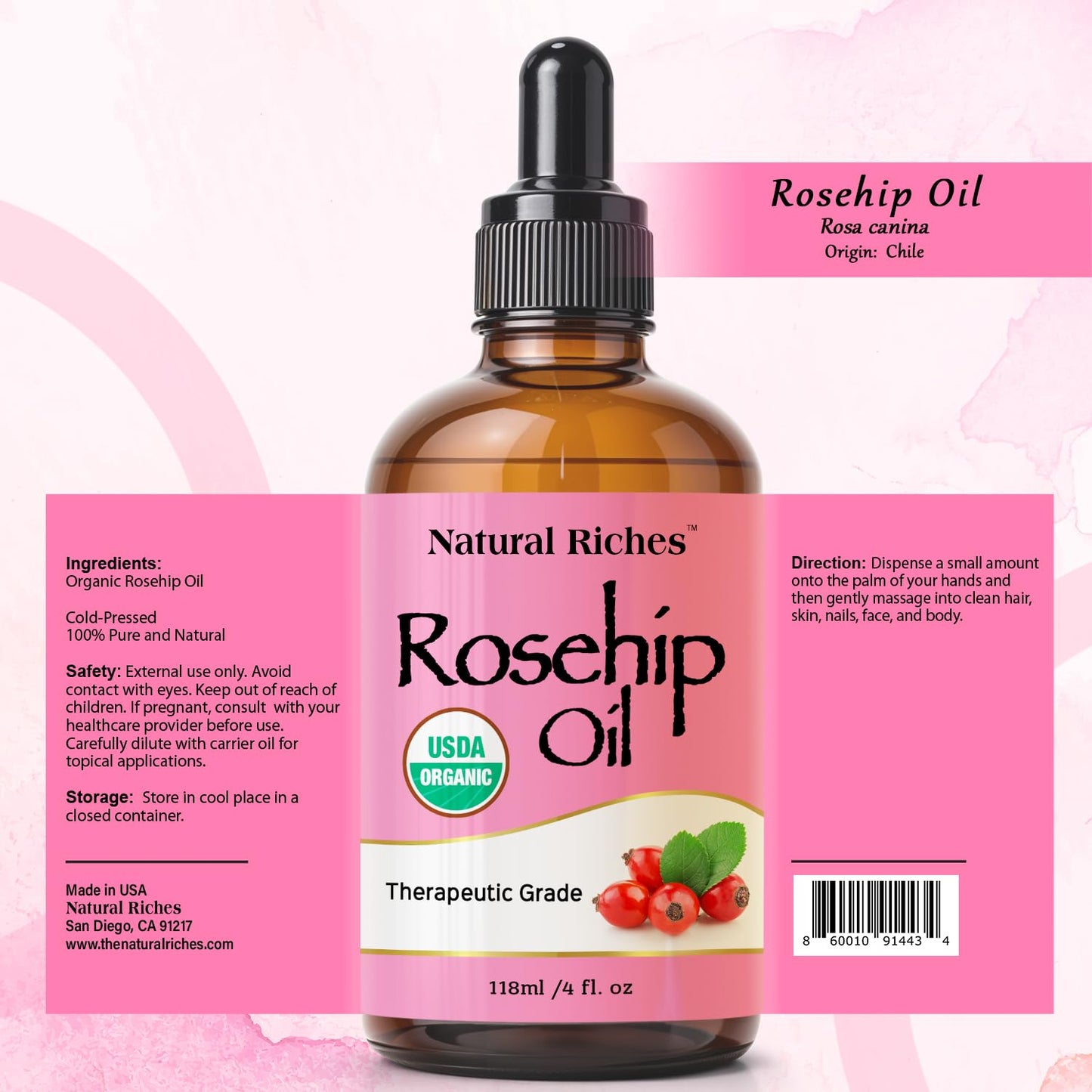 Natural Riches Organic Rosehip Seed Oil for Face 100% Pure Natural Cold Pressed Unrefined Non-GMO Carrier Oil for Skin Hair & Nails. 4 fl oz.