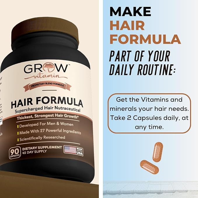 grow vitamin All in One Hair Formula for Men & Women - Advanced Hair Formula Includes Biotin, Saw Palmetto, DHT Blocker & Trace Minerals - Hair Supplement for Hair, Skin & Nails - 90 Capsules