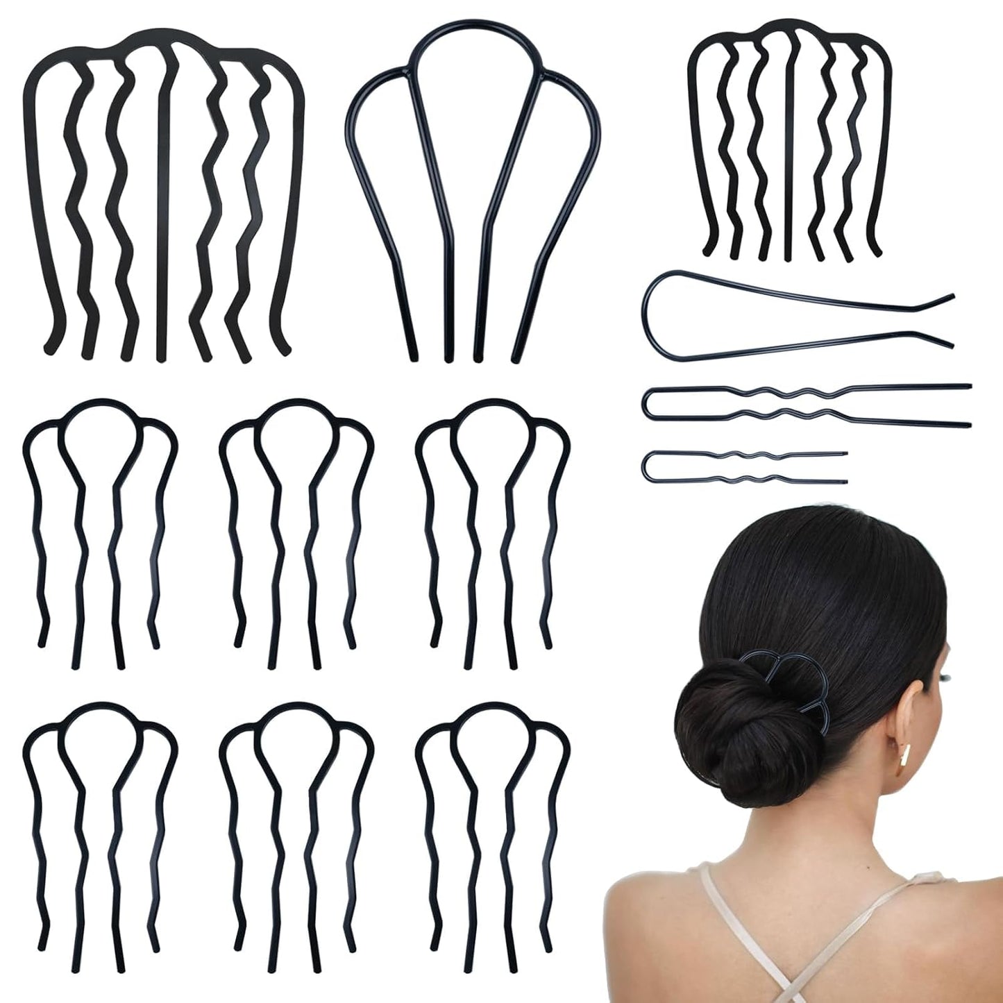 12 Pieces Hair Side Combs Metal Hair Fork Clip French Twist Comb Updo Hair Stick, U-Shape Teeth Styling Tools Messy Bun Maker Vintage Hairstyle Hair Pins Hair Accessories for Women and Girls