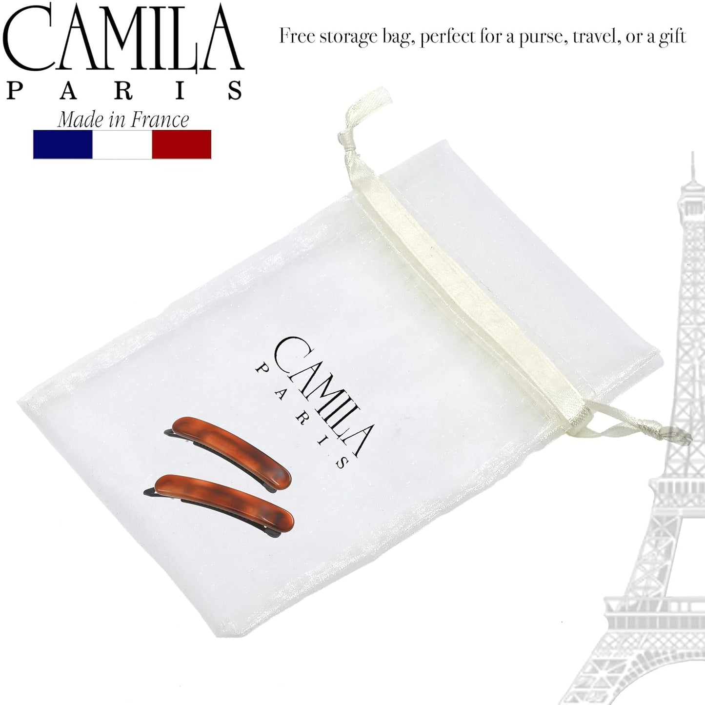 Camila Paris CP3376 French Hair Barrettes Clips for Women, Handmade, Girls Side Slide-in Barrette Clip, Hair Accessories for Women. Strong Hold No Slip Grip Fashion Durable Styling, Made in France