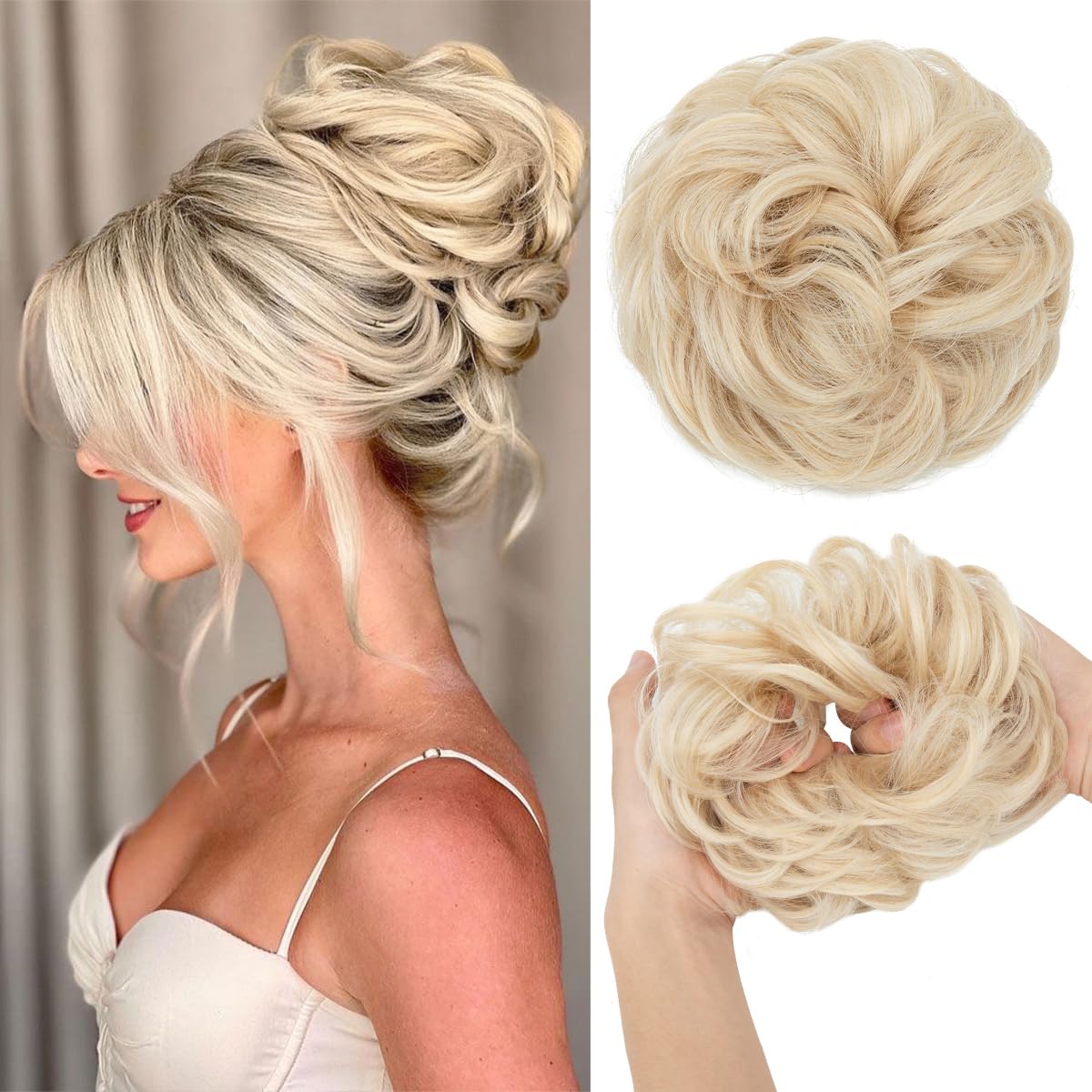 CJL HAIR Large Messy Bun Hair Piece Wavy Curly Scrunchies Synthetic Chignon Ponytail Hair Extensions Thick Updo Hairpieces for Women Light Champagne
