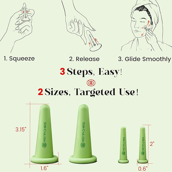 Rena Chris Facial Cupping Set & Gua Sha Facial Tool - Silicone Cupping Set & Jade Gua Sha Stone - Face Cupping Therapy Set for Natural Skin Care, Puffiness, Lip Plumping(Green)