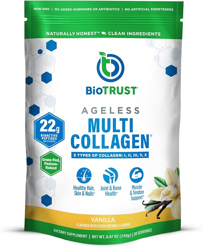 BioTrust Ageless Multi Collagen Peptides Powder – 5 Types (I, II, III, V, X) – Vanilla Collagen Powder for Women & Men – Hydrolyzed Protein – Grass Fed Beef, Fish, Chicken, Eggshell Membrane