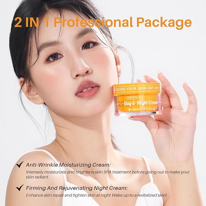 Day & Night Cream Combo，Anti-Wrinkle Hydrating Face Cream with Vitamin C + Firming Renewal Night Cream with Vitamin A，Universal 2-in-1 Formula for All Skin Types, 3.4 Oz