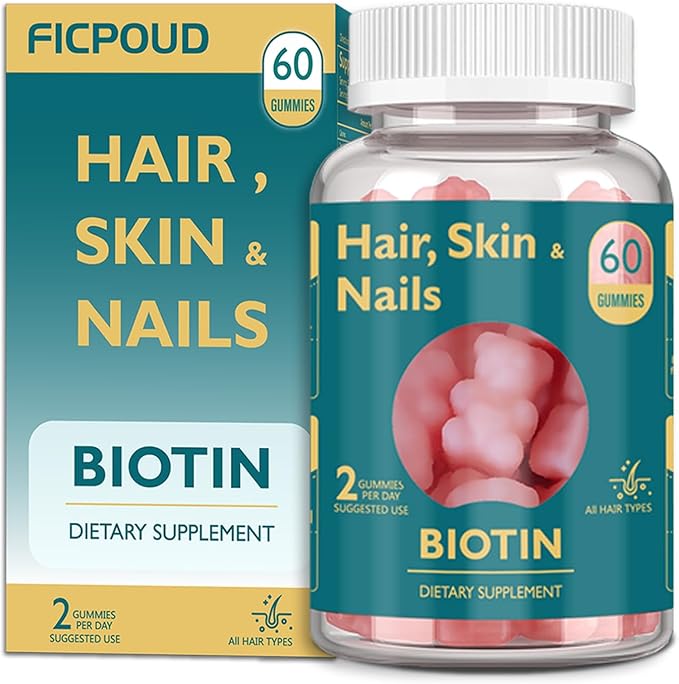 Hair Skin and Nails Gummies -Vegan Vitamins B7, Supports Hair Growth and Stronger Nails for Women & Men, Healthy Skin, 30 Day Supply, 60 Count, Strawberry Flavor