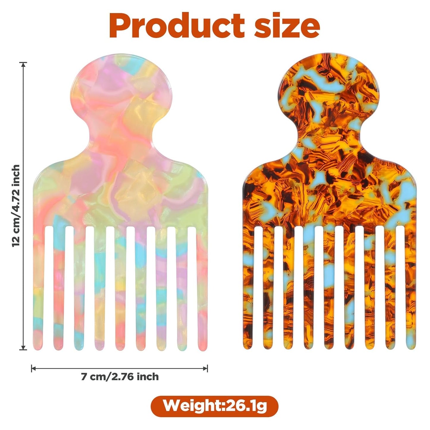 2PCS Acetate Hair Picks for women Curly Wide Tooth Hair Pick Comb Smooth Detangling Professional Hairs Styling Picks Comb Reducing Knots Afro Pick Styling Tool for Women Men Curly Hairs