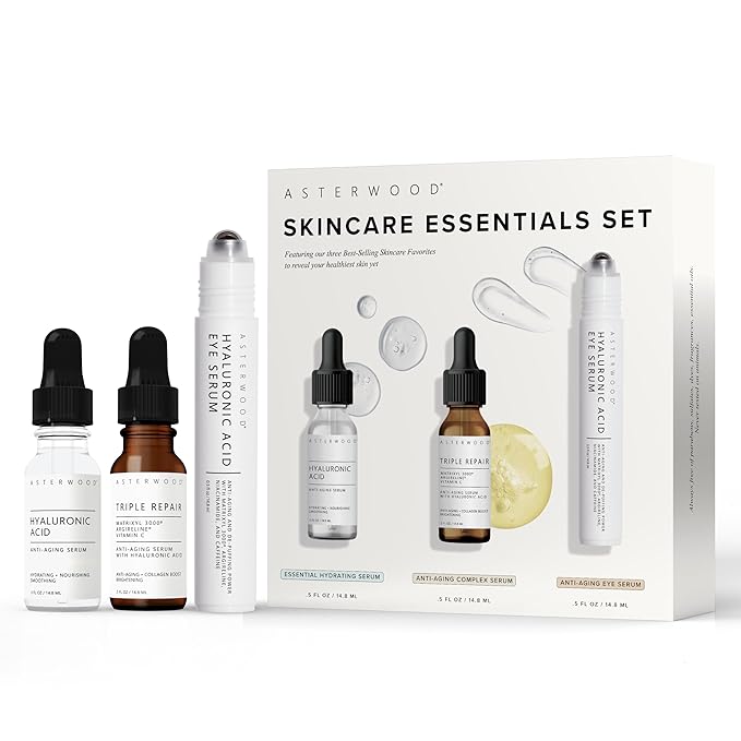 Asterwood Skin Care Set - Mothers Day Gifts For Mom - with Hyaluronic Acid & Triple Repair Serums, Under Eye Serum - Skincare Essentials - Hydrating, Moisturzing, Anti-Aging - Fragrance-Free