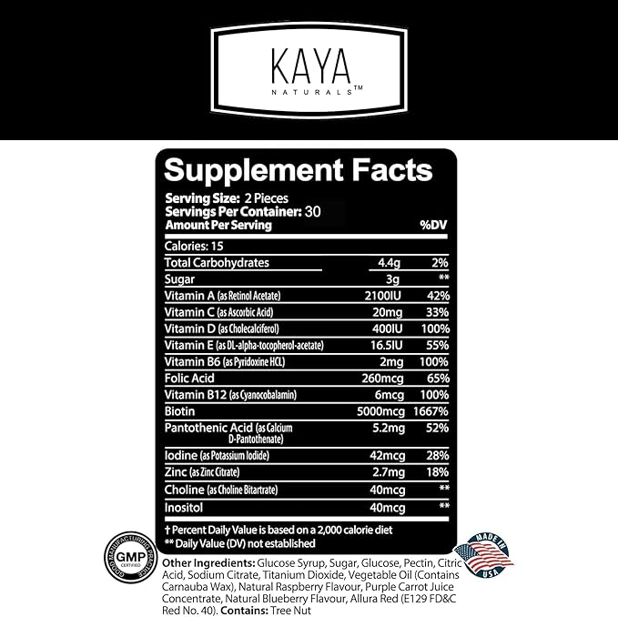 Kaya Naturals Hair Growth Gummies - Biotin 5000mcg Vitamins for Healthy Hair, Skin, and Nails - Beauty Supplement for Women or Men - 30 Count - Blueberry Flavor