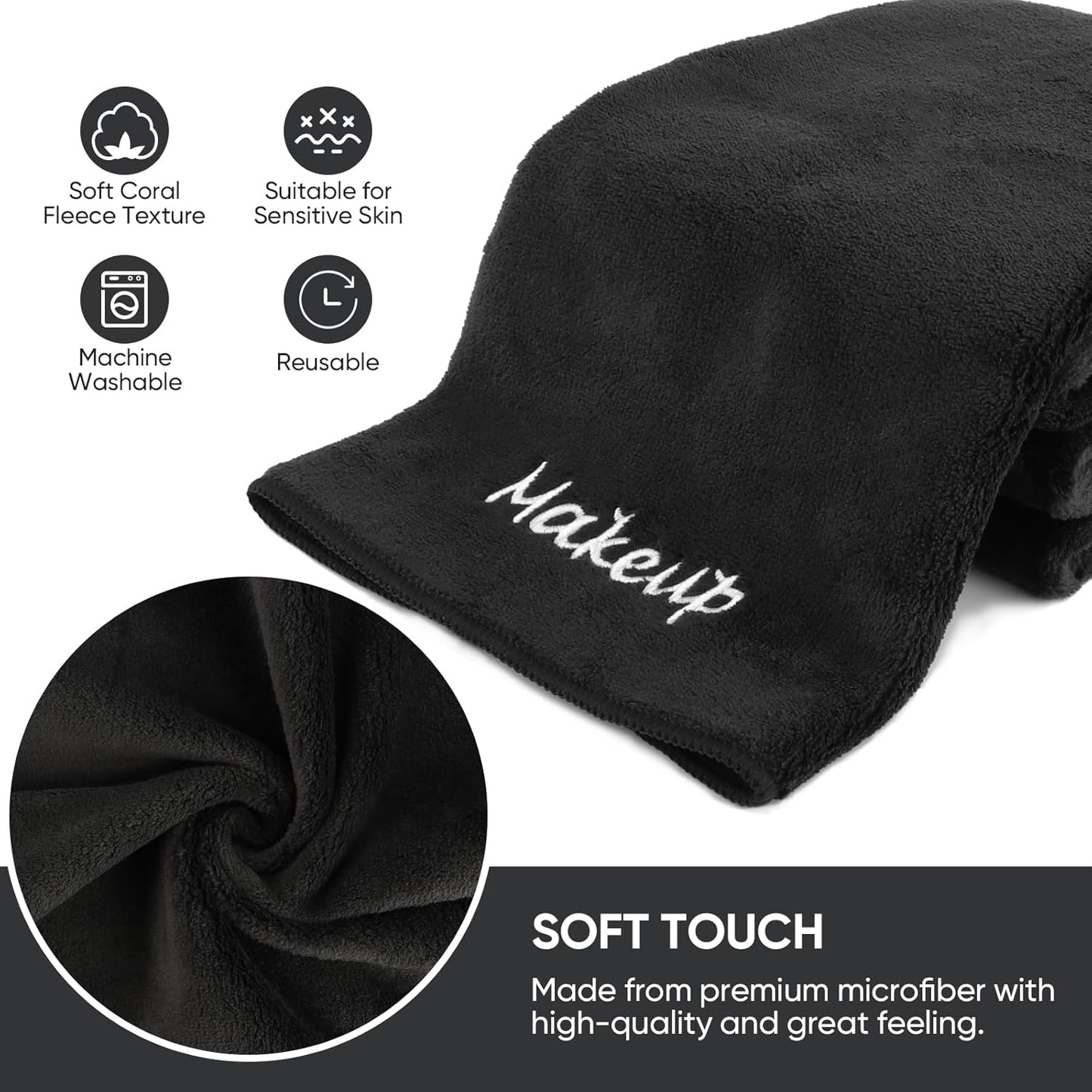 Makeup Remover Cloth, 12 Pack Black Facial Wash Cloths, Soft Coral Fleece Microfiber Towels for Face, Hand, and Bathroom(13" x 13")