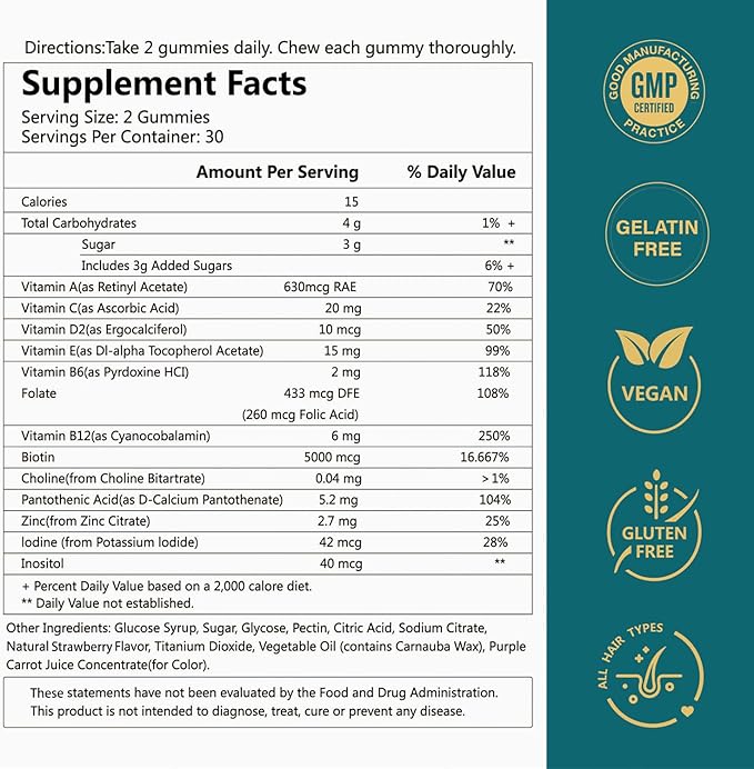 Hair Skin and Nails Gummies -Vegan Vitamins B7, Supports Hair Growth and Stronger Nails for Women & Men, Healthy Skin, 30 Day Supply, 60 Count, Strawberry Flavor