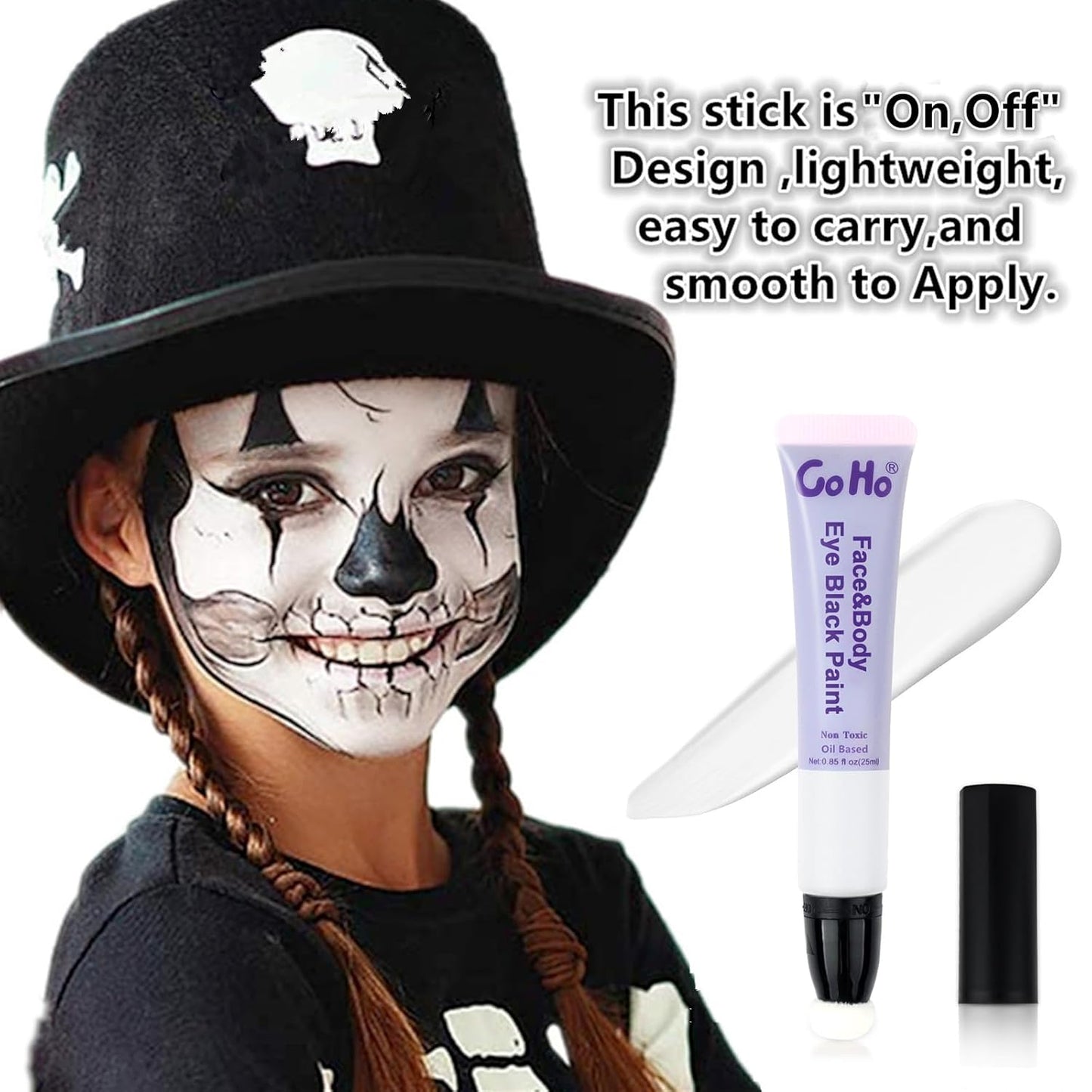 Go Ho White Face Paint,Oil Based Waterproof Cream Eye Black Stick,White Face Body Paint for Halloween Cosplay Zombie Skeleton Clown Goth Makeup