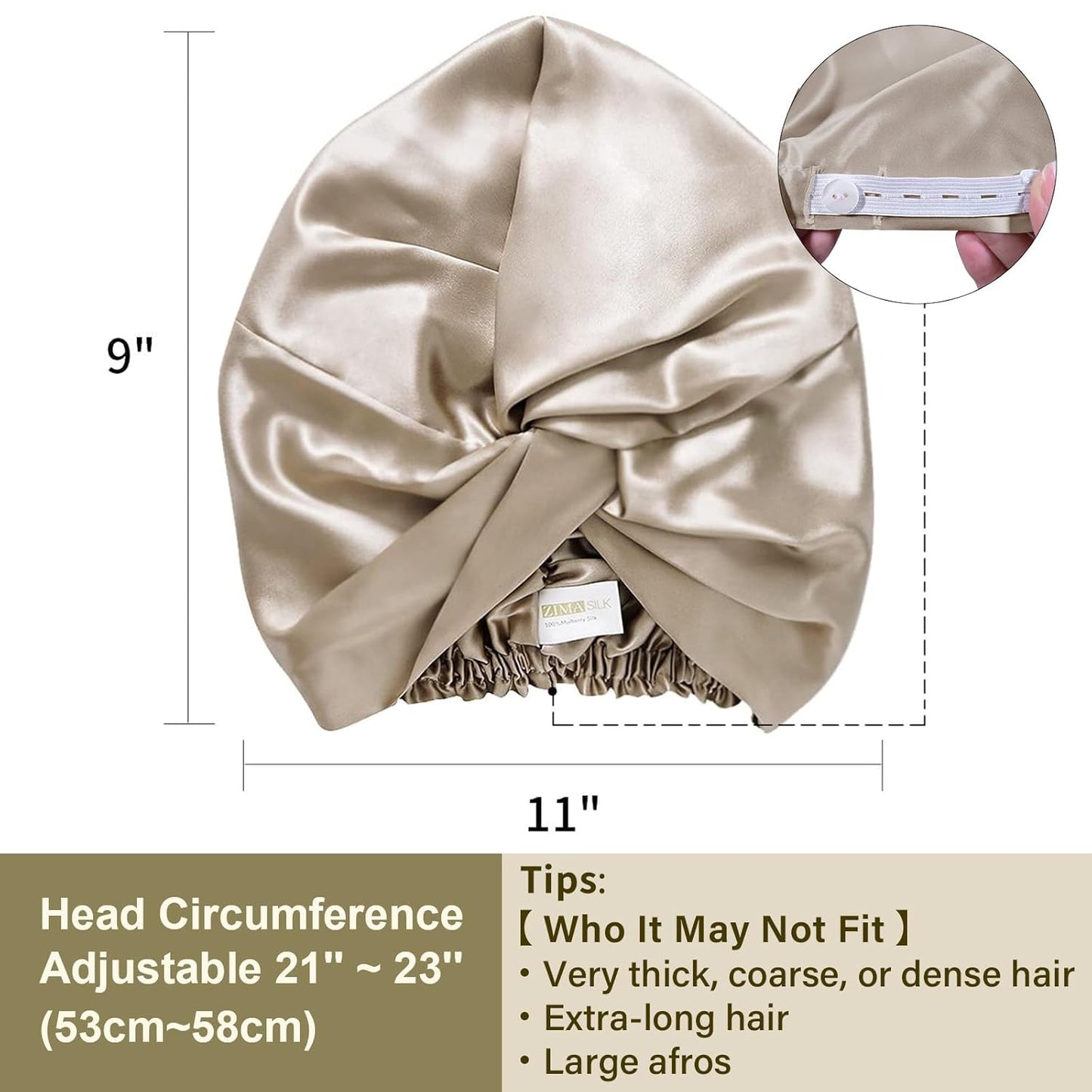 ZIMASILK 22 Momme 100% Mulberry Silk Bonnet for Sleeping & Women Hair Care, Highest Grade 6A Silk Hair wrap for Sleeping with Premium Elastic Stay On Head (1Pc, Taupe)