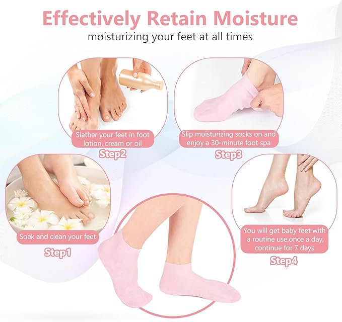 Silicone Socks for Dry Cracked Feet 2 Pairs,XL Moisturizing Socks Non-Slip Moisturizing Heel Socks for Dry Cracked Feet Women Ultra-high Stretch Foot Care Pedicure Socks for Men(Pink,XL)