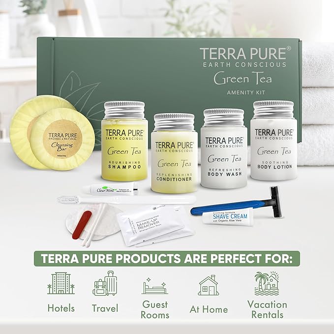 Terra Pure Green Tea Amenity & Accessory Kit | 1 oz Travel Size Shampoo, Conditioner, Lotion, Body Wash, 2 Soap Bars, Shave & Dental Sets, Make-Up Remover Wipes, & Vanity Kit | 1 set per case