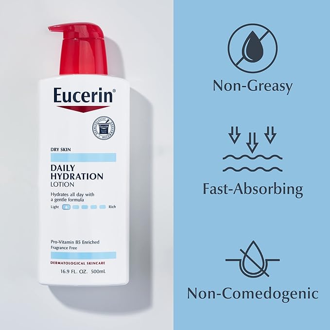 Eucerin Daily Hydration Body Lotion, Unscented Body Lotion for Sensitive Dry Skin, 16.9 Fl Oz Pump Bottles, 3 Pack