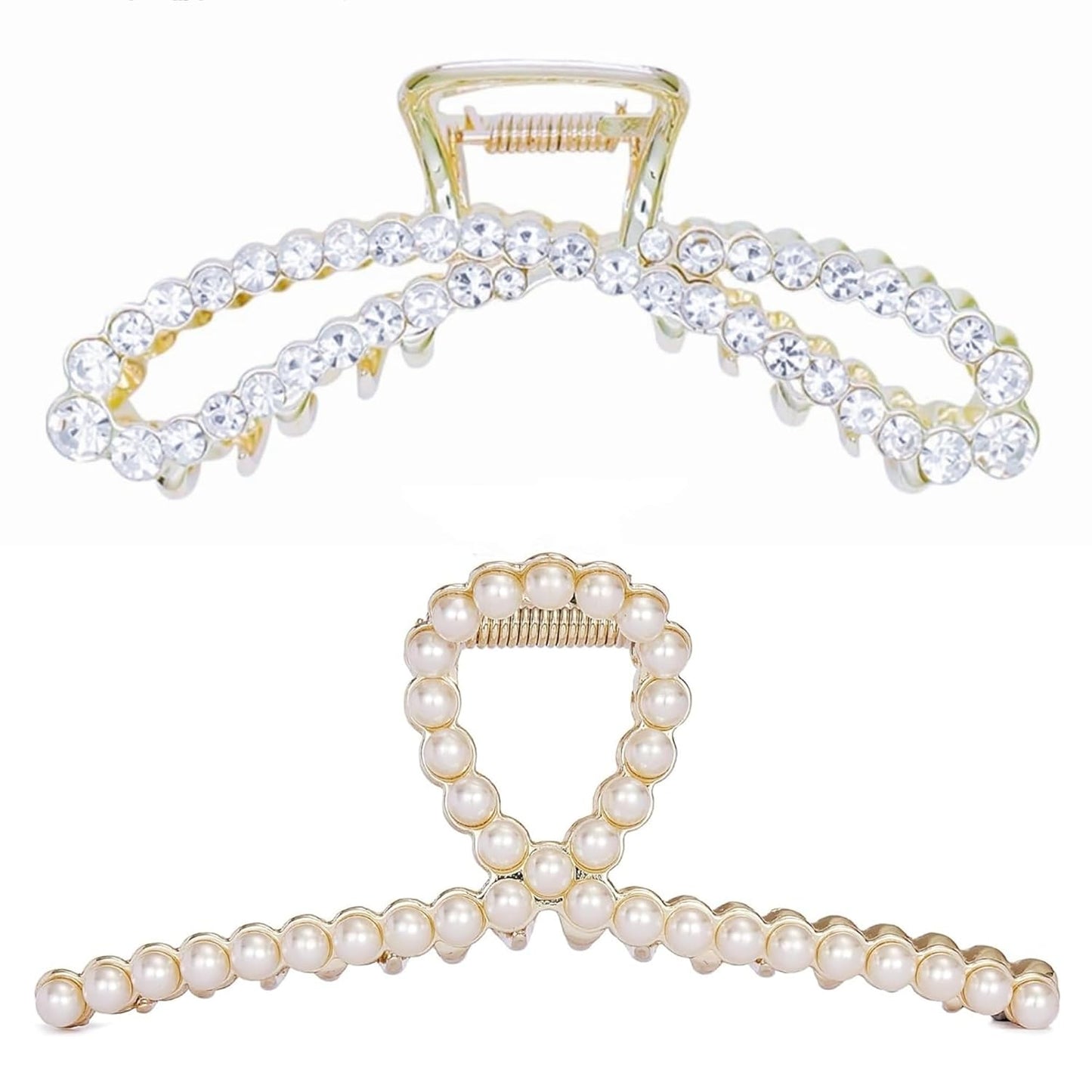 Metal Hair Clips Imitation Pearl Rhinestone Non Slip Hair Claw Clamps Barrettes Decorations for Thin Thick Hair, Crystal Bow Hairpin for Women Girls (2 Pack)