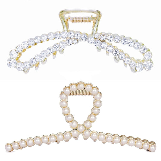 Metal Hair Clips Imitation Pearl Rhinestone Non Slip Hair Claw Clamps Barrettes Decorations for Thin Thick Hair, Crystal Bow Hairpin for Women Girls (2 Pack)