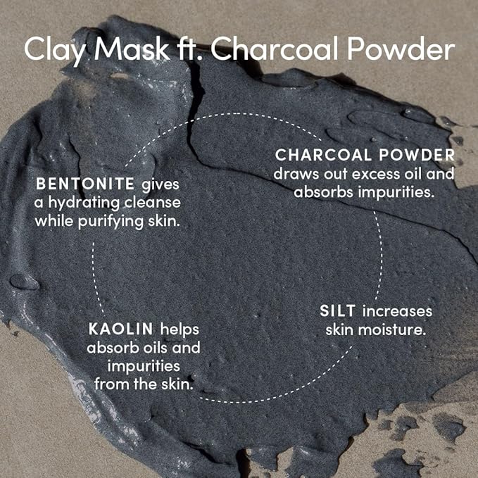 Clay Mask - Purifying and Hydrating Charcoal Powder Face Mask - All Skin Types, Vegan, Cruelty Free, Fragrance Free, 1.69 FL OZ