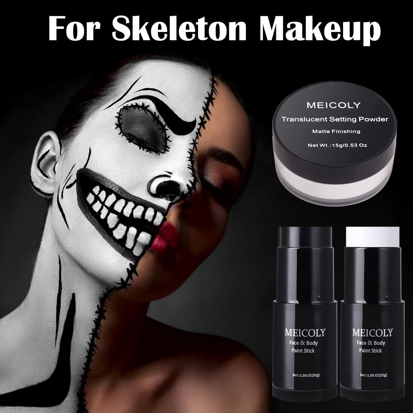 MEICOLY Black White Face Body Paint Stick Set with Sponges and Setting Powder,Face Paint Stick for Adults and Kids,Clown White Makeup,Face Painting for Halloween SFX Skull Zombie Skeleton Goth Makeup