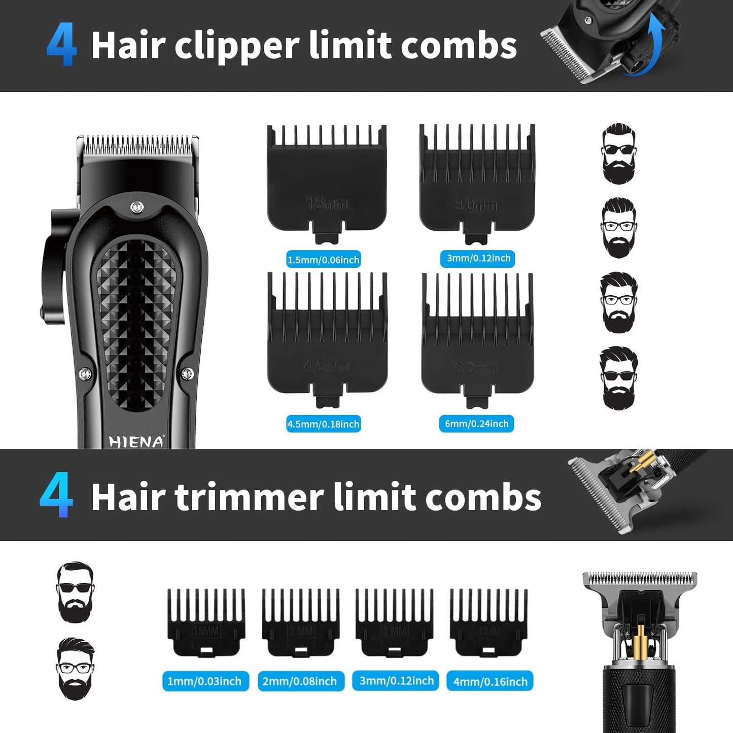 HIENA PRO Professional Cordless Hair Clippers for Men, T-Blade Beard Trimmer & Foil Shaver & Nose Hair Trimmer Set, Barber Clipper Hair Cutting Grooming Kit
