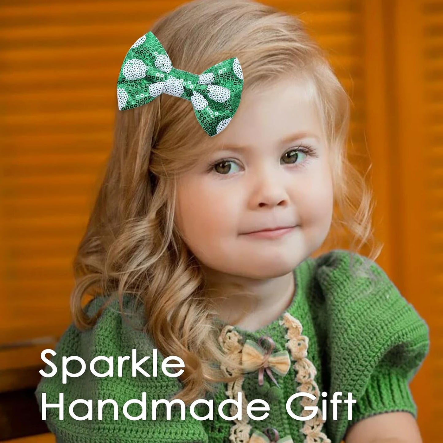 KISZU 4 Inch Sequin Glitter Hair Bows Clips, Sparkling Bling Little Bow HairPins Hair Accessories for Baby Girls Kids Children Teens and Women (Green Dot)