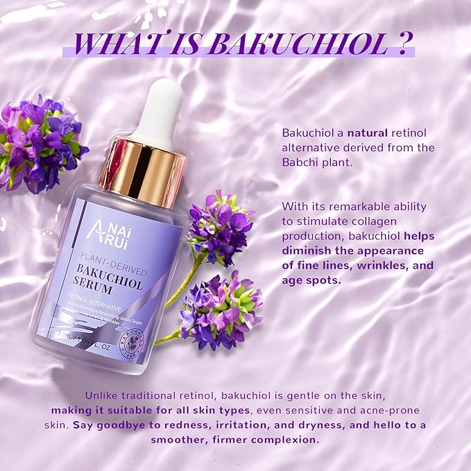 ANAI RUI Bakuchiol Face Serum for Face, Bakuchiol Retinol Alternative Serum,Smoothing Face Serum with Hyaluronic Acid & Peptide Sensitive Skin Serum, Anti Aging & Wrinkle Serum, 1Fl.Oz