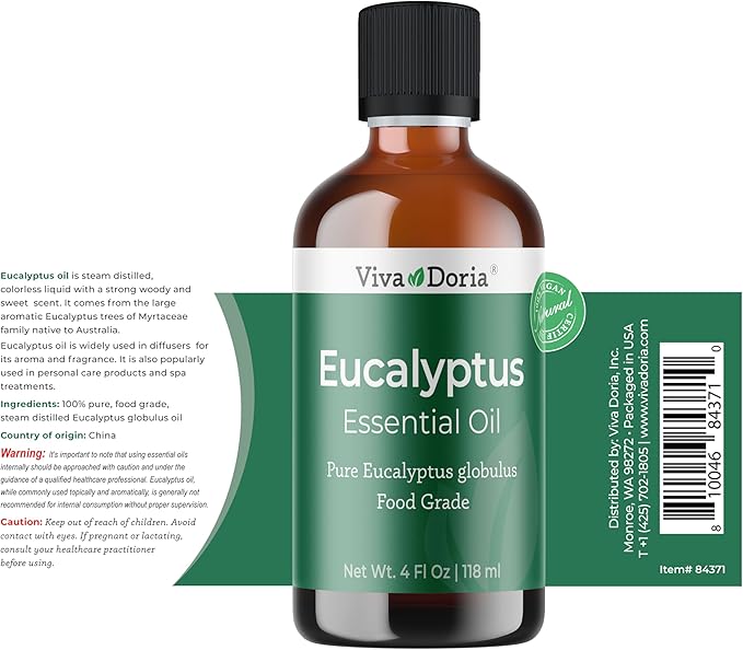 Viva Doria Pure Eucalyptus Globulus Essential Oil, Food Grade, 4 Fl Oz (118 ml)