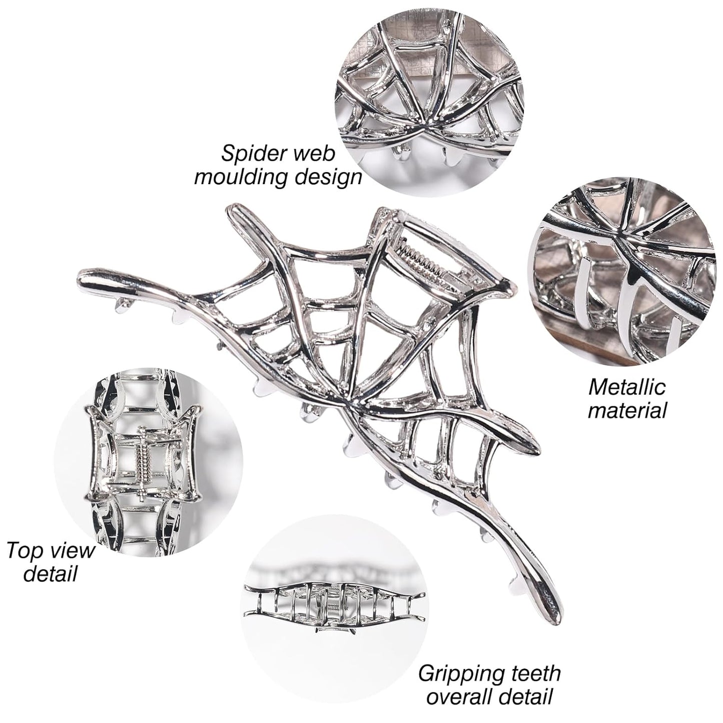 Halloween Metal Silver Alloy Spider Web Hair Claw Clips - Strong Hold Nonslip Gothic Punk Catch Clips for Women - Thick or Thin Hairs