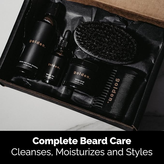 Golden Grooming Co. Ultimate Beard Care Kit for Men | Includes Beard & Hair Shampoo, Beard Balm, Beard Oil, Comb & Brush | Complete Grooming Bundle