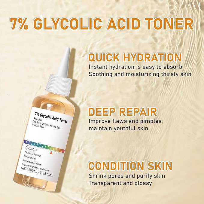7% Glycolic Acid Exfoliating Toner, Exfoliating Facial Toner, Smooth Skin, Even Tone, Hydrating Formula, Pore Minimizer (Large, Unscented)