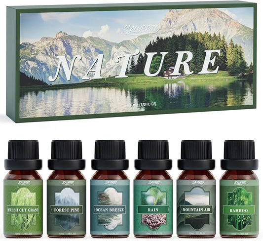 SALUBRITO Nature Fragrance Oils Set, Essential Oils Set - Forest Pine, Ocean Breeze, Rain, Fresh Cut Grass, Mountain Air, Bamboo, Premium Scented Oil for Diffuser, Candle, Soap Making