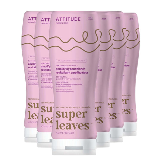 ATTITUDE Amplifying Conditioner for Curly Hair with Coconut Oil, Vegan Detangler and Naturally Derived Ingredients, 2a, 2b, 2c Curl Type, Gives body to Curls, 16 Fl Oz (Pack of 6)