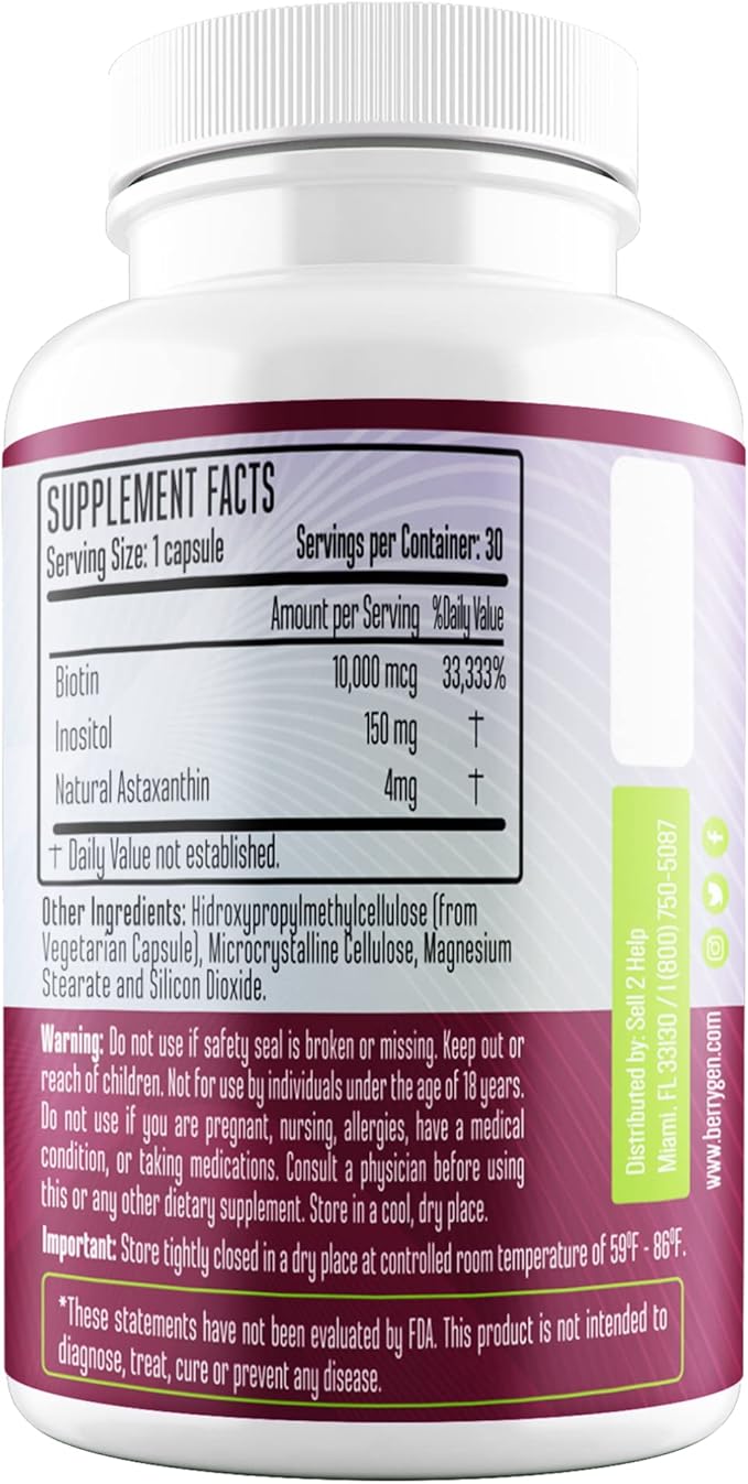 Berry Gen Biotin Supplement 10000 mcg Vegetarian Capsules - Support Hair Health & Growth, Help Heal Skin & Reduce Wrinkles and Moisturize Skin, Hair, and Nails - 30 Count (1)