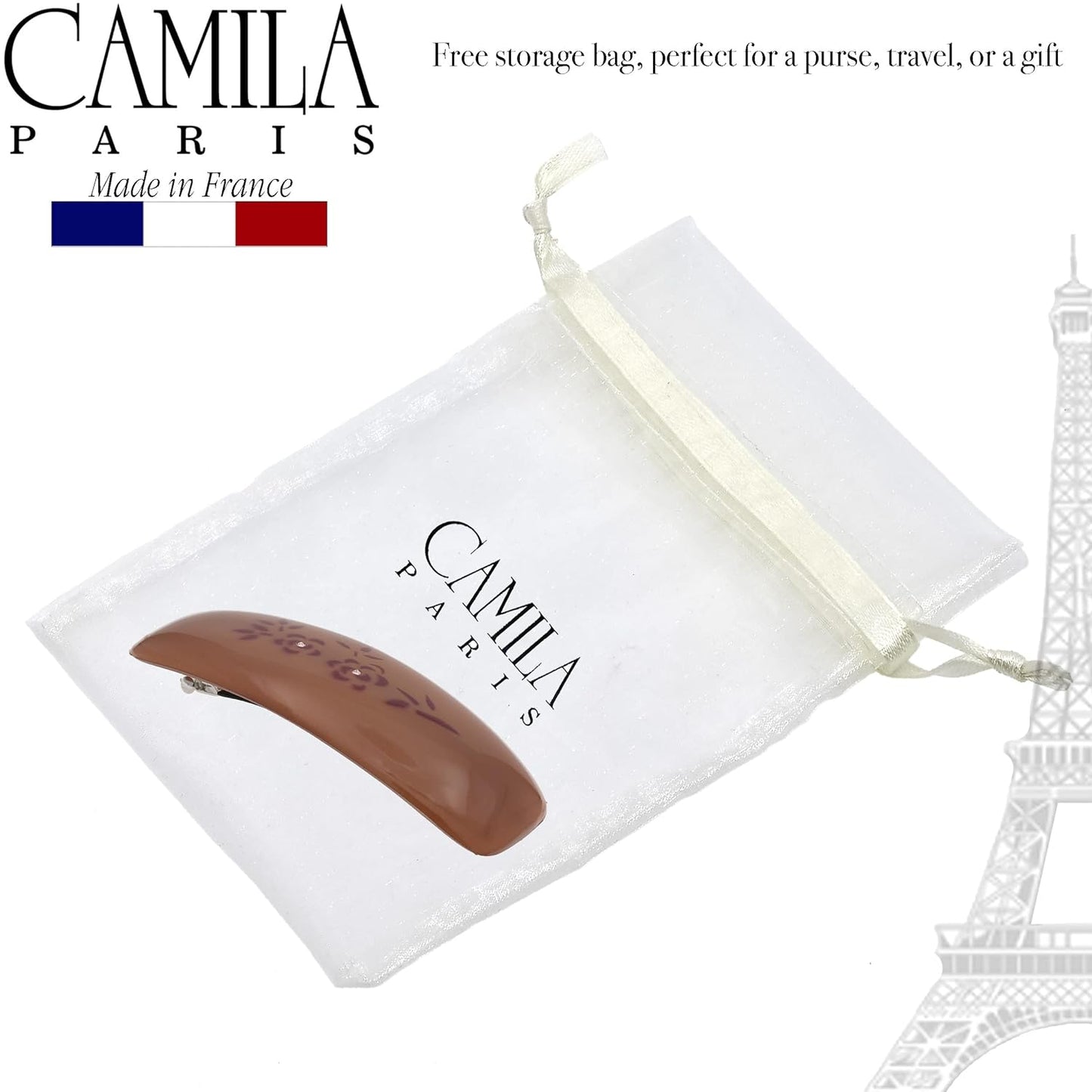 Camila Paris CP3440 French Hair Barrette Clip for Girls, Brown, Rubberized Automatic Clasp Strong Hold Grip Hair Clips for Women, No Slip and Durable Styling Girls Hair Accessories, Made in France