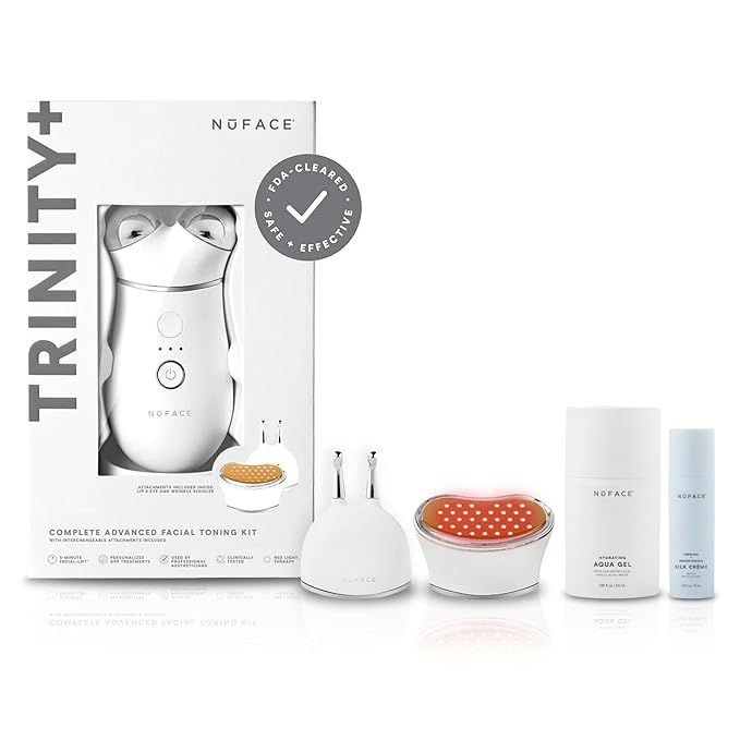 NuFACE TRINITY+ Microcurrent Facial Device, Wrinkle Reducer + Effective Lip & Eye Attachment - FDA Cleared Face Toning Device for Targeted Treatment + Microcurrent Gel Activator & Silk Creme