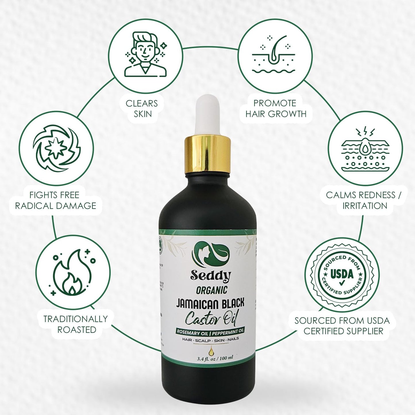 Seddy Organic Jamaican Black Castor Oil - with Rosemary & Peppermint in Glass Bottle - Cold Pressed | Hexane-Free | Promotes Hair Growth | Strengthens Hair | Hair Treatment Oil - 3.4 Fl. Oz