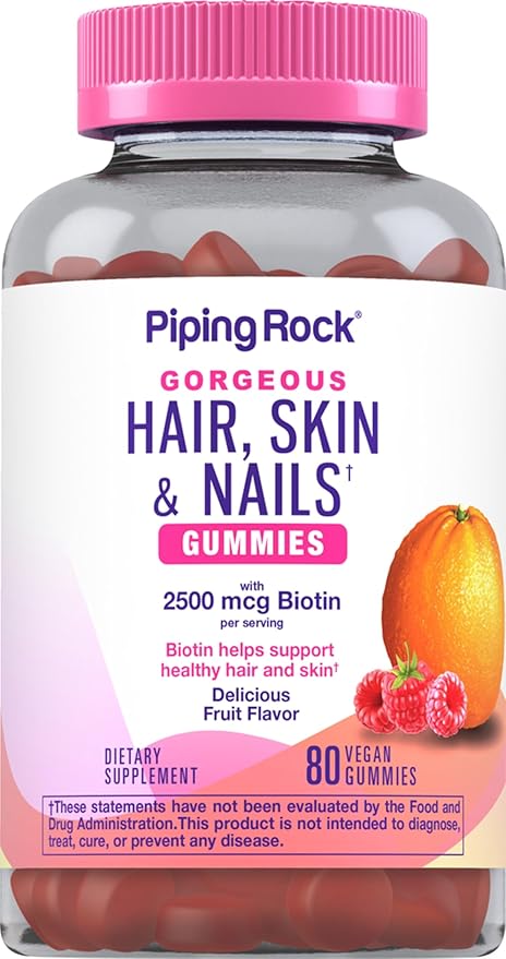 Piping Rock Hair Skin and Nails Vitamins | 80 Gummies | 2500 mcg of Biotin | Womens Multivitamin | with Vitamin C and E | Fruit Flavor | Non-GMO, Gluten Free Supplement