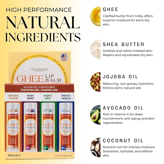 All Natural Lip Balm For Very Dry Lips | Hydrating & Moisturizing Lip Balm with Shea Butter, Ghee, Jojoba Oil, Coconut Oil | Chapped Lips & After Sun Care | BioSerene (4.5 gms/tube, Assorted)