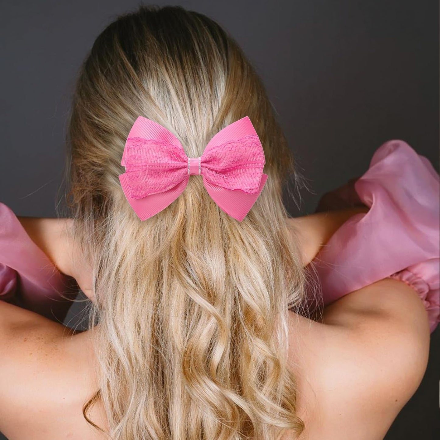 4-Inch Hair Bows Alligator Clips Delicate Lace Hair Accessories for Girls, Toddler, Kids and Women Daily Dress Up Birthday Wedding Christmas Occasions- Set of 2 (Hot Pink)