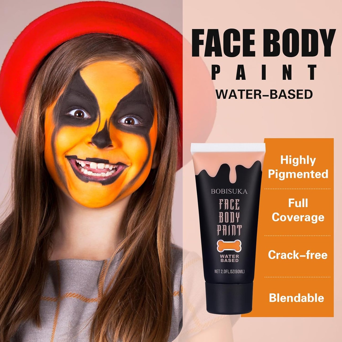 BOBISUKA Orange Face Body Paint, Water Based Face Painting for Art Theater Halloween Party Cosplay Clown SFX Makeup for Women Adults, Non-Toxic Washable