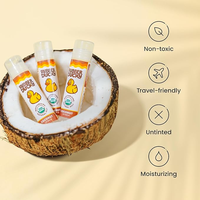 Rubber Ducky Sunscreen - Organic Lip Balm for Women, All Natural Lip Balm Stick with Vitamin E - Moisturizing & Hydrating Lip Balm for Dry Lips - Untinted and Non-Toxic Lip Care - Coconut, 3 Pack