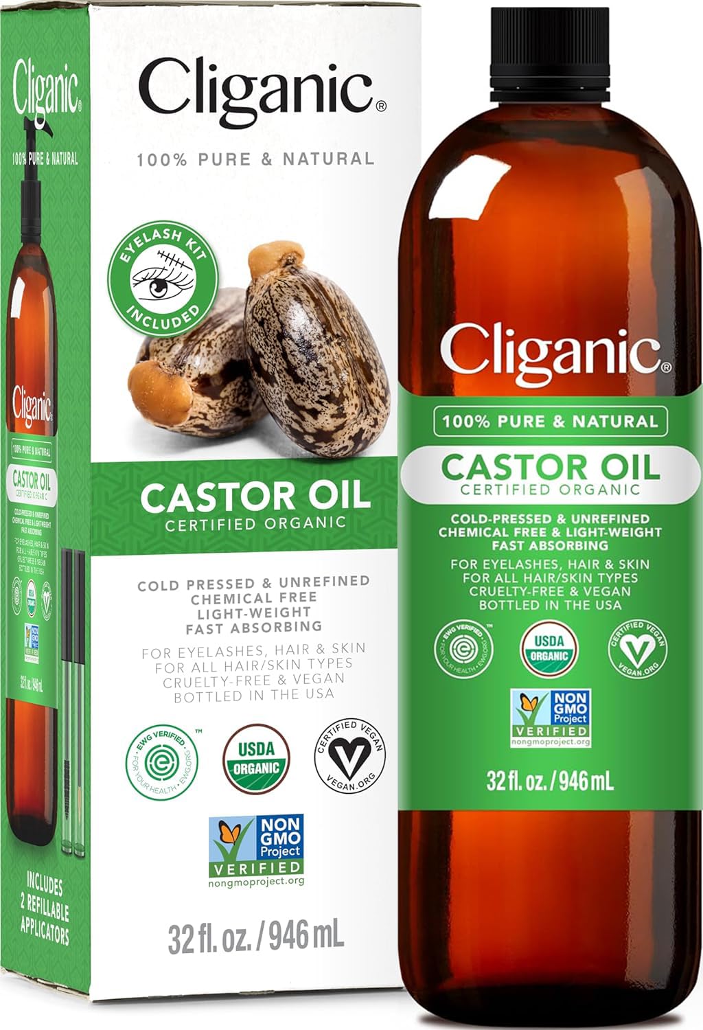 Cliganic Organic Castor Oil, 100% Pure (32oz with Eyelash Kit) - For Eyelashes, Eyebrows, Hair & Skin | Natural Cold Pressed Unrefined Hexane-Free
