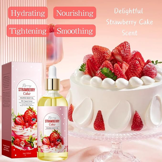 Strawberry Cake Body Oil Scented - Body Oils for Women After Shower - Massage Bath Oil for Dry Skin, Hydrating Nourishing, Tender Smooth, Pleasant Fragrance (100ml)