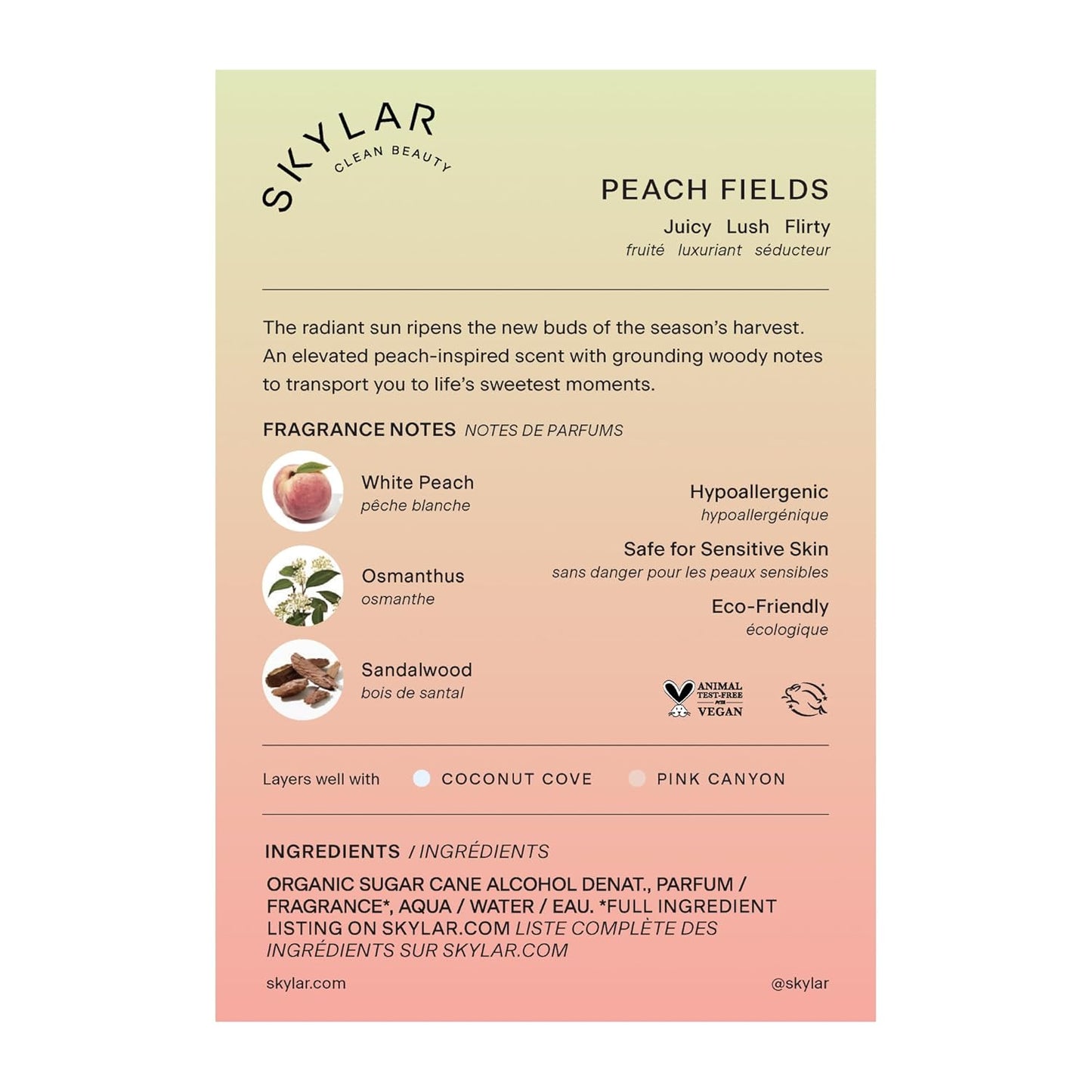 Skylar Peach Fields Eau de Parfum - Hypoallergenic & Clean Perfume for Women & Men, Vegan & Safe for Sensitive Skin - Sweet Perfume with Notes of Mandarin, Grapefruit, White Peach - 50mL /1.7 Fl oz