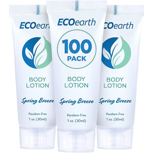 EcoEarth Travel Size Lotion (1 fl oz, 100 PK, Spring Breeze), Delight Your Guests with an Invigorating and Refreshing Body Lotion, Quality Mini and Small Size Guest Hotel Toiletries in Bulk