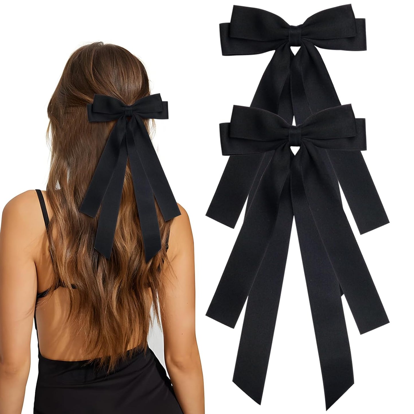 Bow Hair Clips 2PCS Set for Women and Girls - Black White Ribbon Bows for Hair, with Long Tail, Alligator Clip (Black)